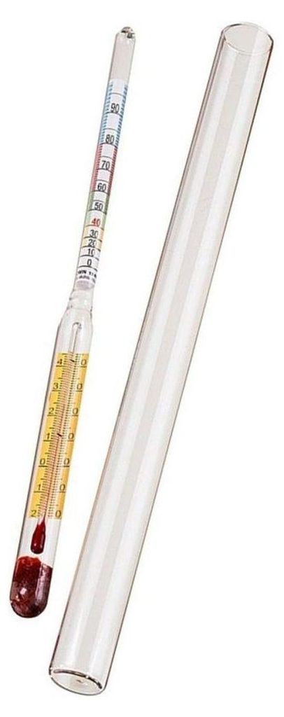 A glass hydrometer with a thermometer and a glass tube on a white background.