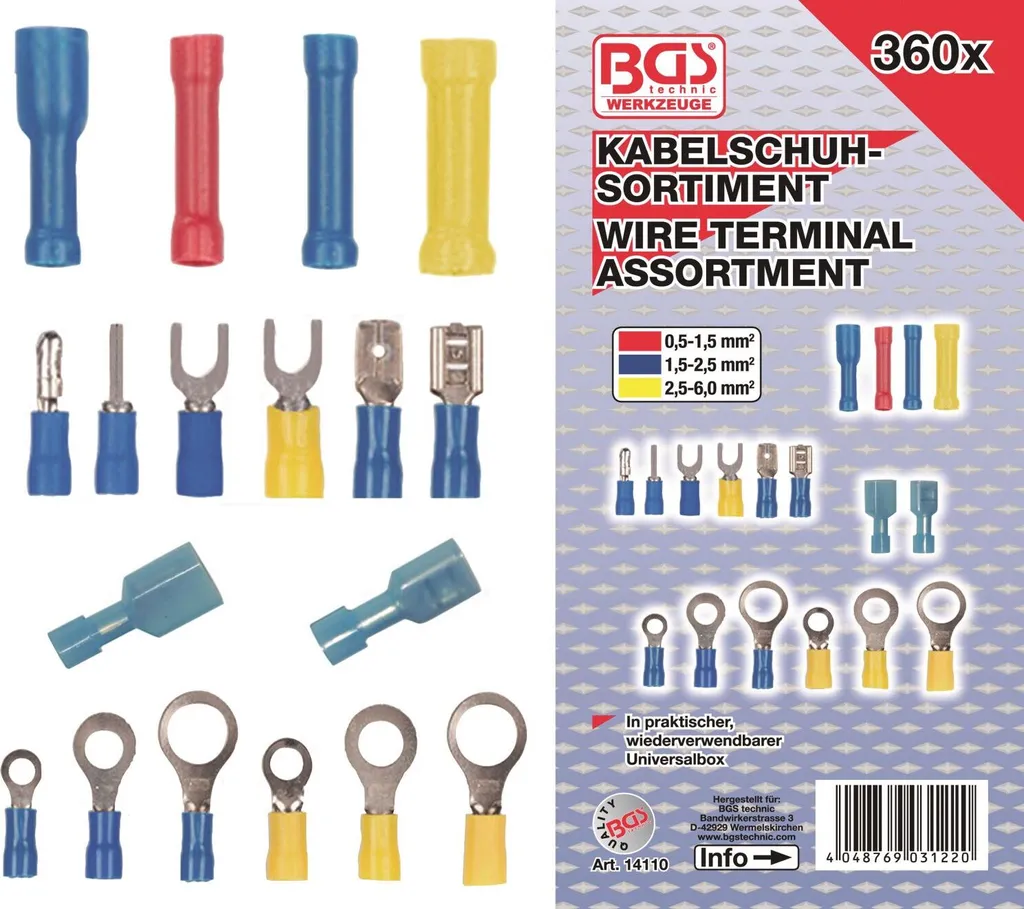Assortiment de cosses de câble électriques gainées BGS 14110 - 360 pcs