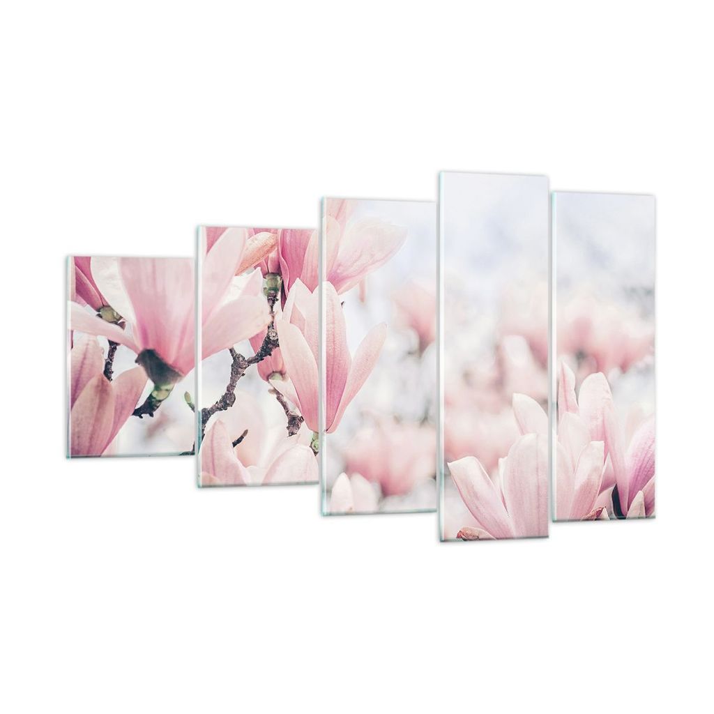Bilder auf glas - 5 Teile - Magnolie Blumen Rosa - 100x60cm - Glasbilder - Wandbilder - Bilder - zum Aufhängen bereit - Wanddekoration aus Glas - ...