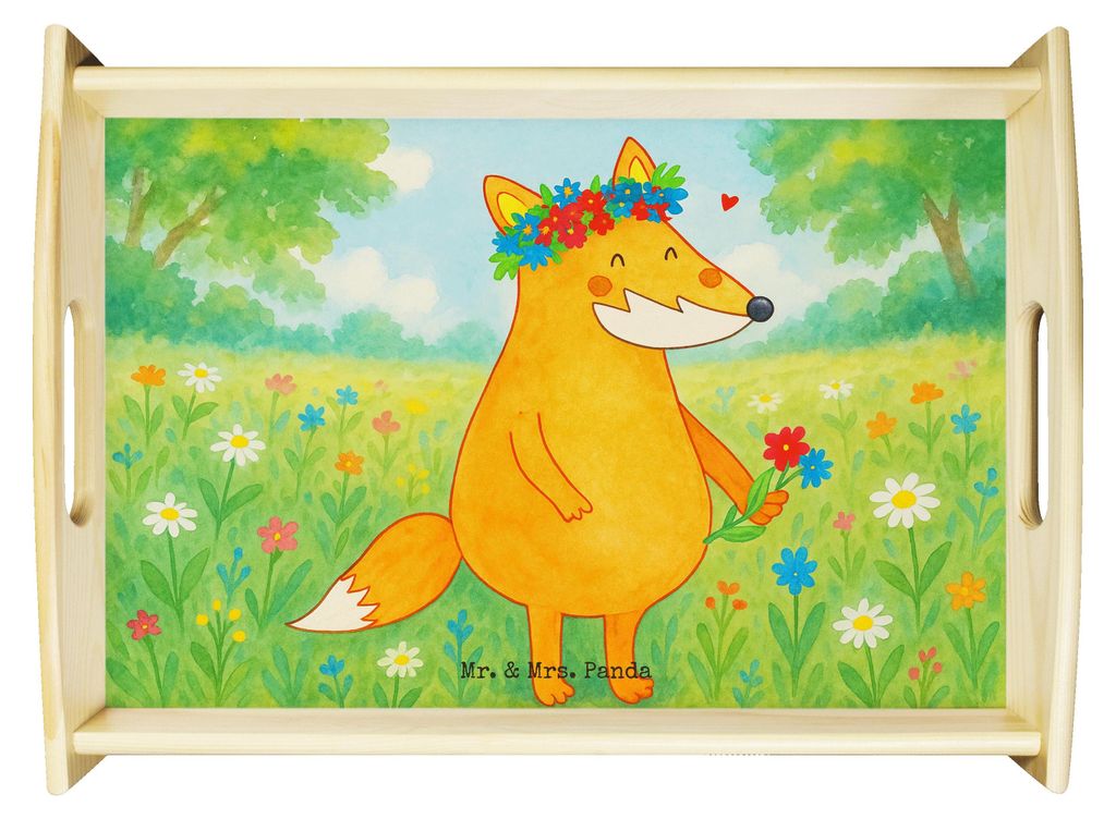 Mr. & Mrs. Panda Serviertablett Fuchs Blumen Design - Weiß - Geschenk, Boho, Blumenliebe, Liebe, Füchse, Fox, aus holz, Servier Tablett, Freundin...