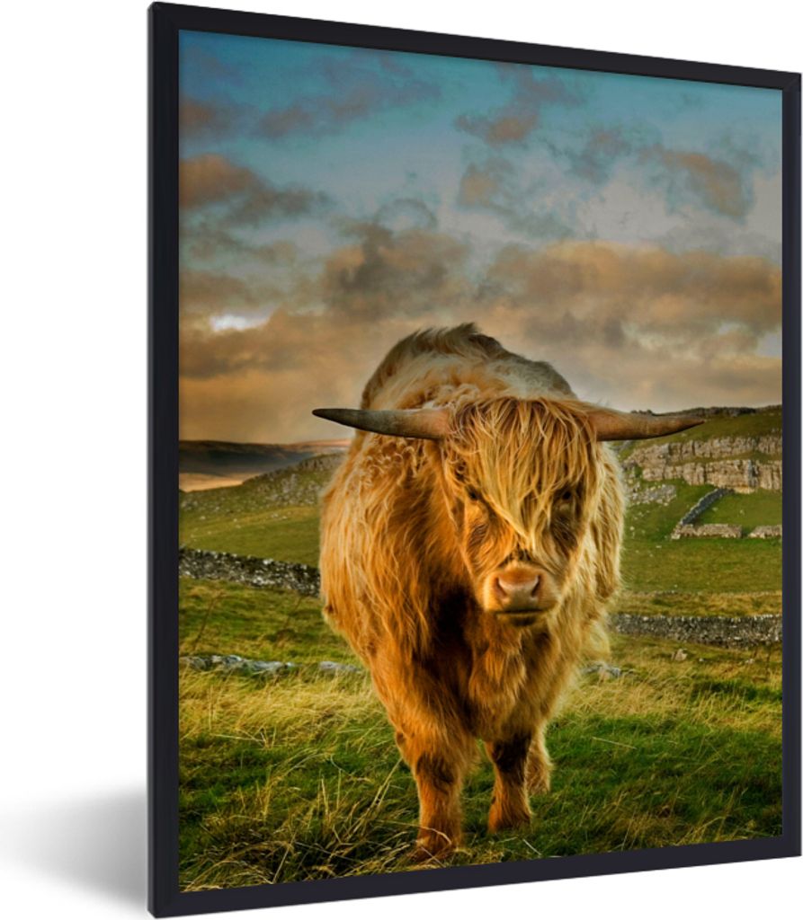MuchoWow Gerahmtes Poster Schottischer Highlander - Gras - Berg 30x40 cm - Poster mit Schwarzem Bilderrahmen Wandposter Rahmen Foto Bilder - Wand...