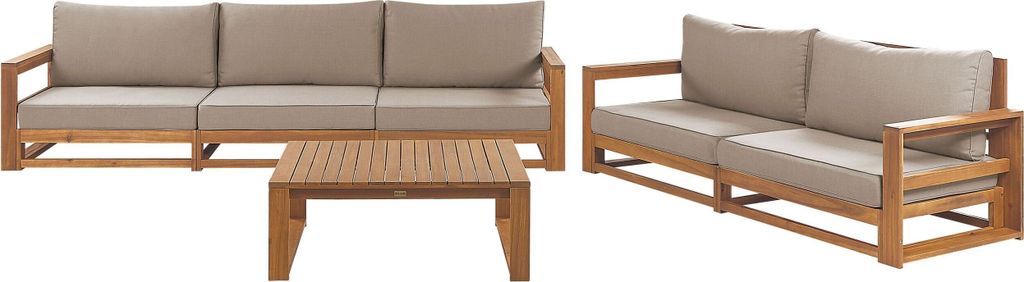 BELIANI Lounge Set Hellbraun es Akazienholz Auflagen Taupe 2-Sitzer und 3-Sitzer Sofa mit Couchtisch Retro Landhaus Stil Terrasse Outdoor