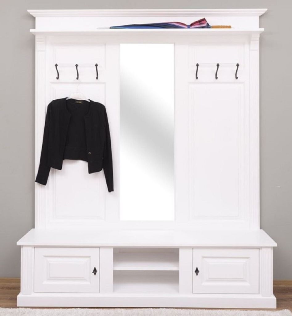 Casa Padrino Landhausstil Garderobe Weiß 180 x 41 x H. 210 cm - Massivholz Garderobenschrank mit Spiegel - Massivholz Garderobenmöbel - Landhauss...