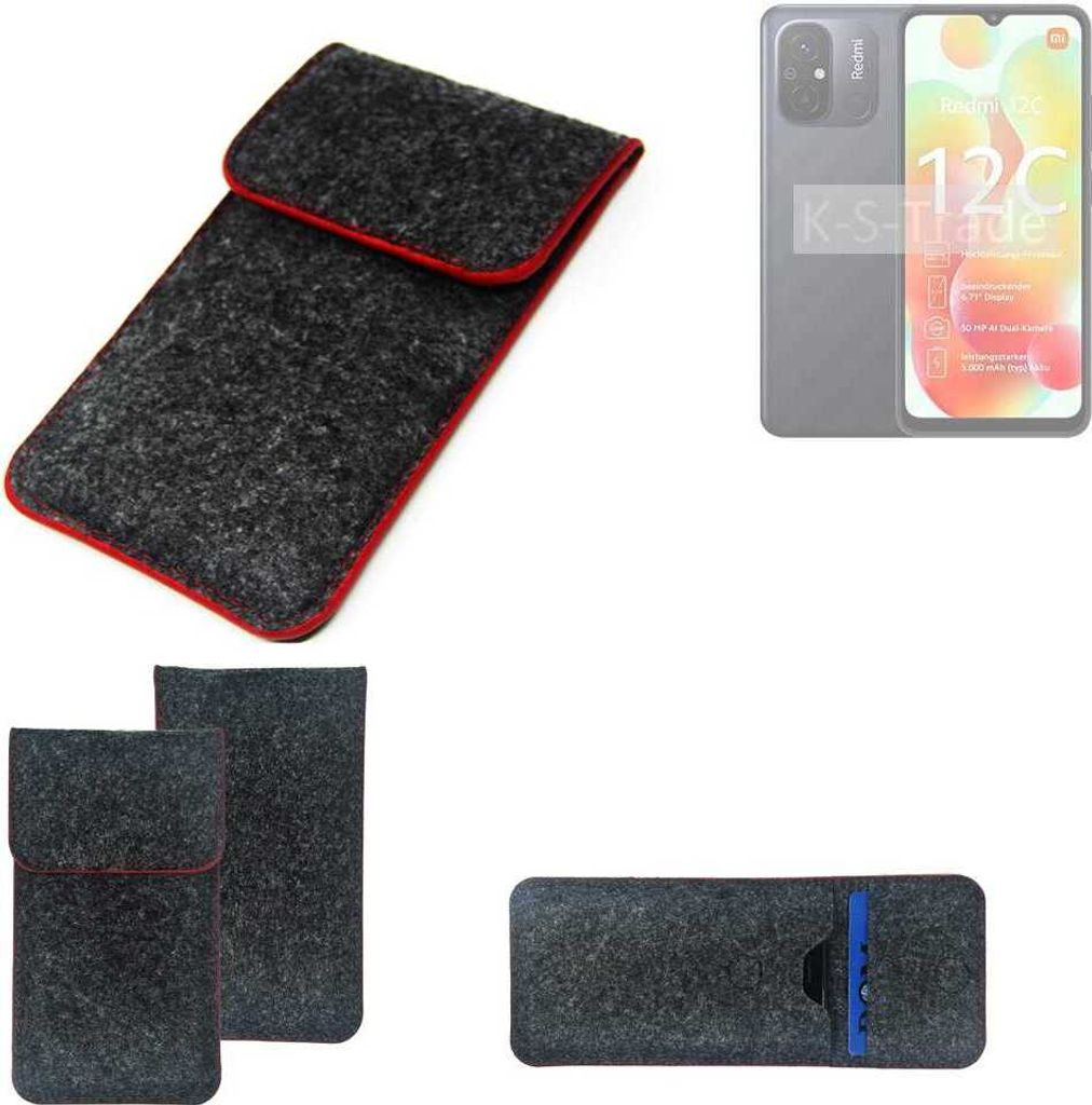 K-S-Trade Handy Schutz Hülle kompatibel mit Xiaomi Redmi 12C Schutzhülle Handyhülle Filztasche Pouch Tasche Case Sleeve Filzhülle dunkelgrau roter