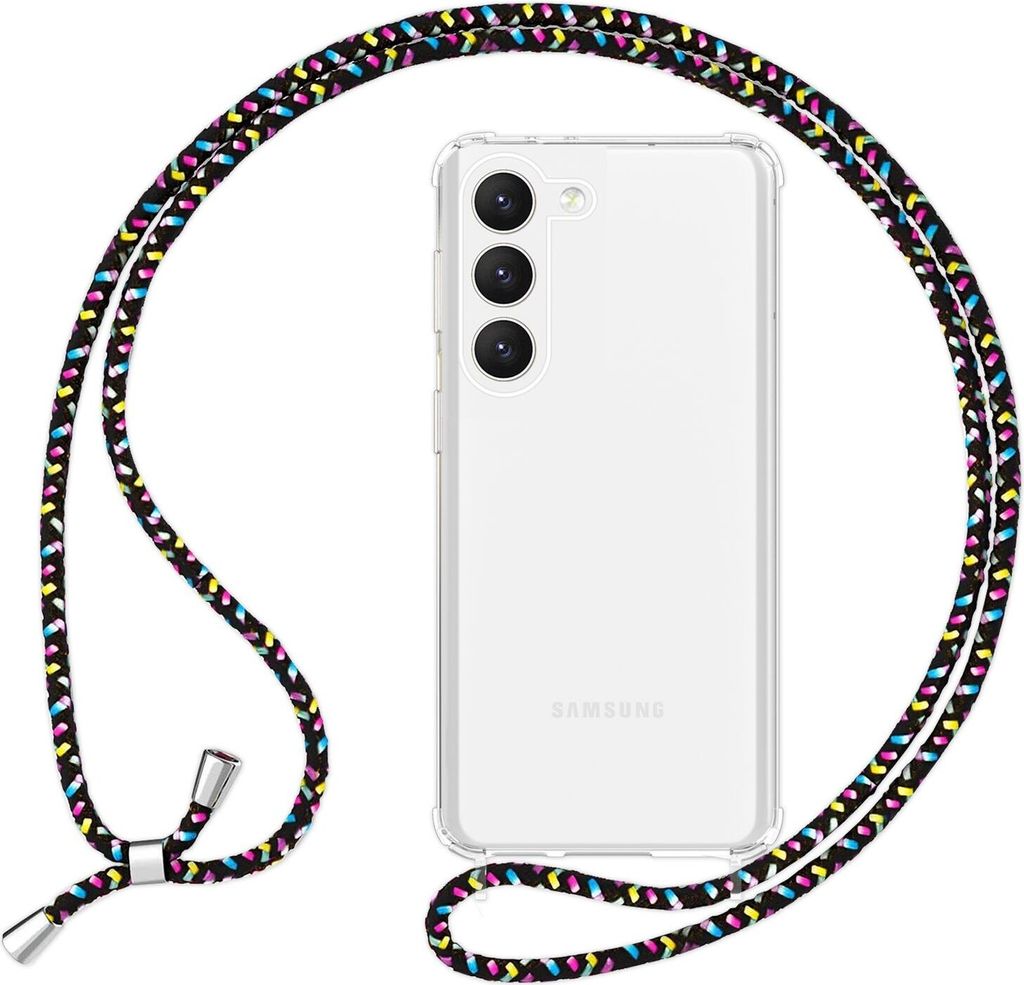 Klare Hybrid Hülle mit Kette zum Umhängen für Samsung Galaxy S23 Schwarz Bunt