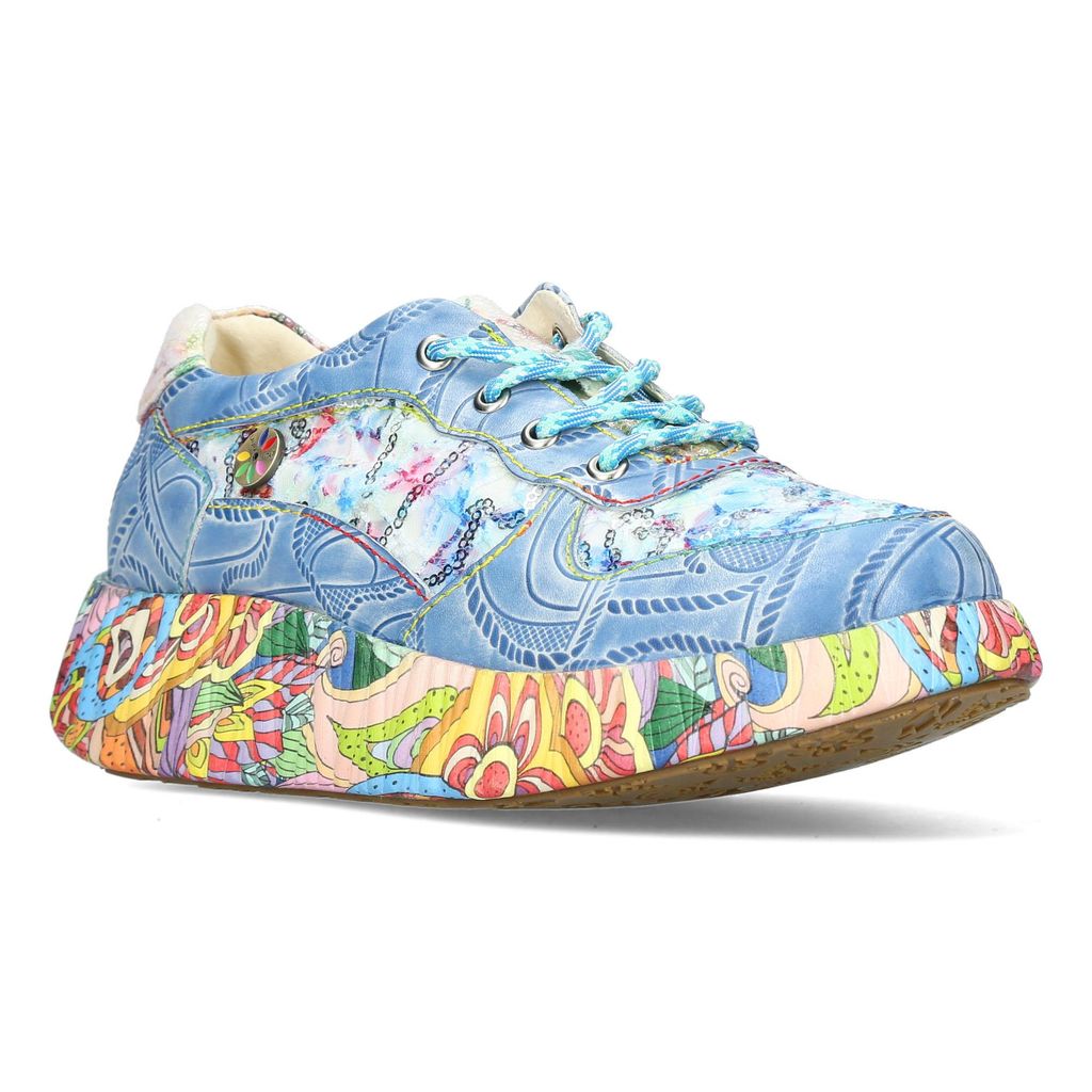 LAURA VITA Damen Sneaker mit bedrucktem Plateau Leder-Textilmix blau bunt breite Weite G Grösse 35 EU herausnehmbare Lederinnensohle weich gepolstert