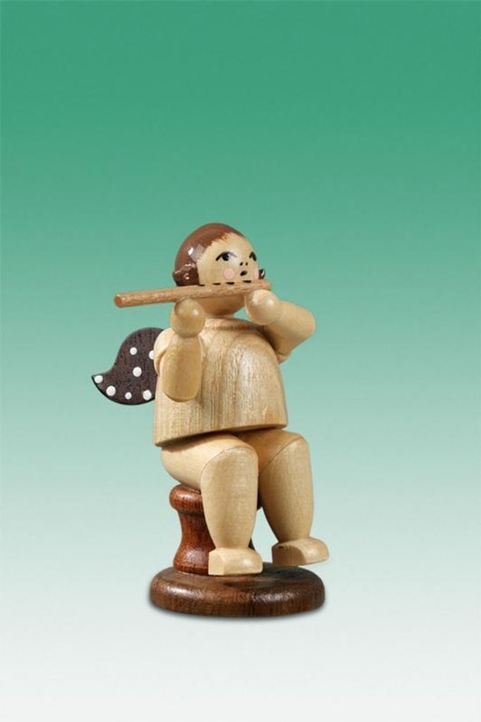 Holzfigur Musikantenengel mit Querflöte sitzend mit Krone natur Höhe 6,5cm NEU