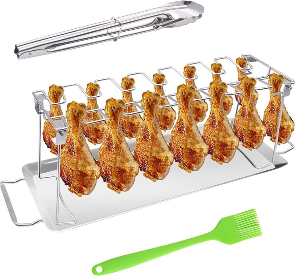 Grillrost für Hähnchenschenkelflügel, Bräterständer aus Edelstahl mit 14 Schlitzen, Auffangschale, Küchenzange und Silikon-Backpinsel, BBQ-H...