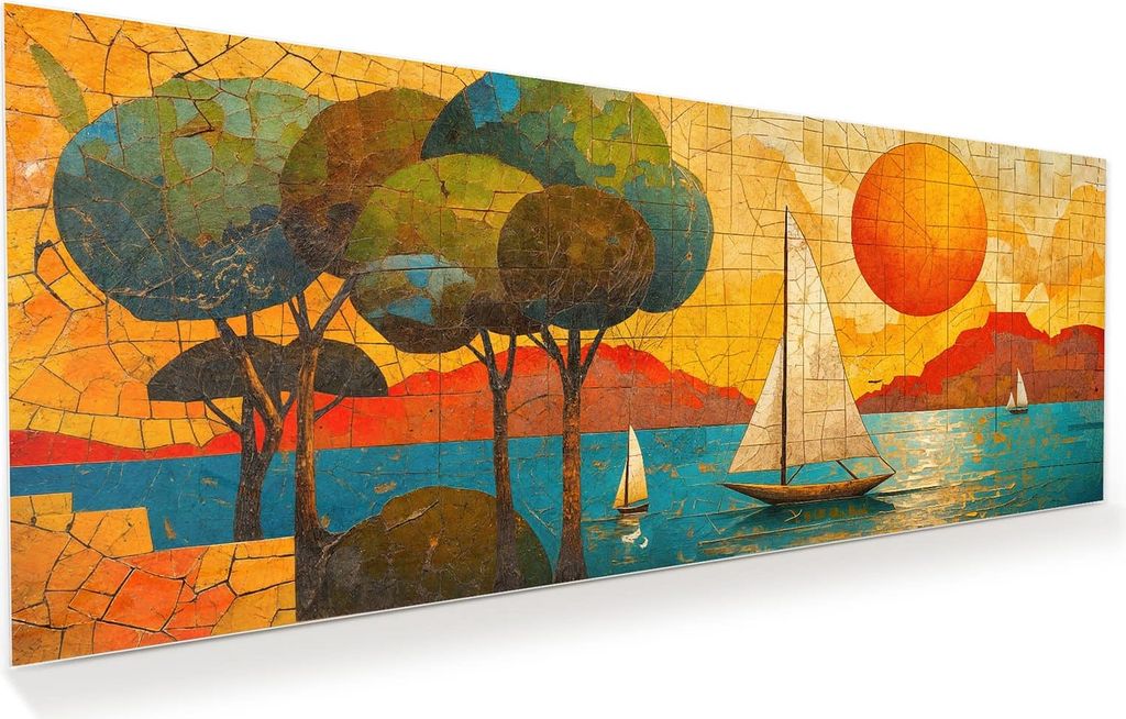 Glasbild 100x40cm in XXL für Wohnzimmer, Schlafzimmer Motiv Segelboot im Sonnenuntergang