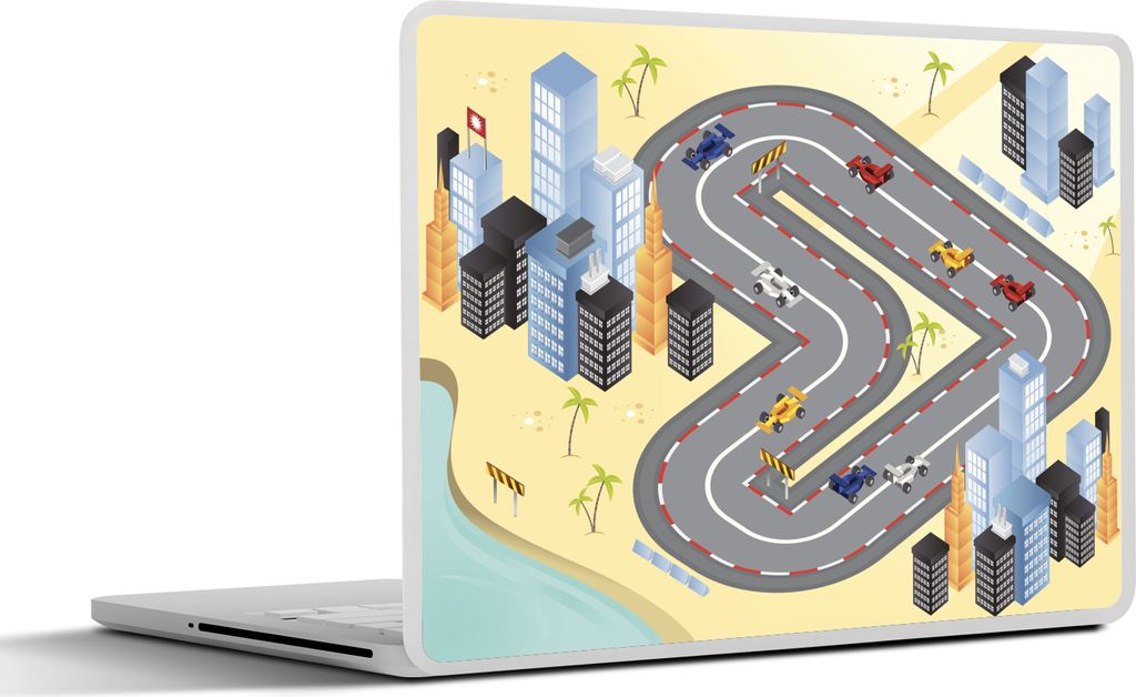 MuchoWow Laptop Aufkleber Sticker Cover Eine fiktive Rennstrecke mit F1-Autos in einer Illustration 40x30 cm - Laptop Dekoration - Selbstklebend