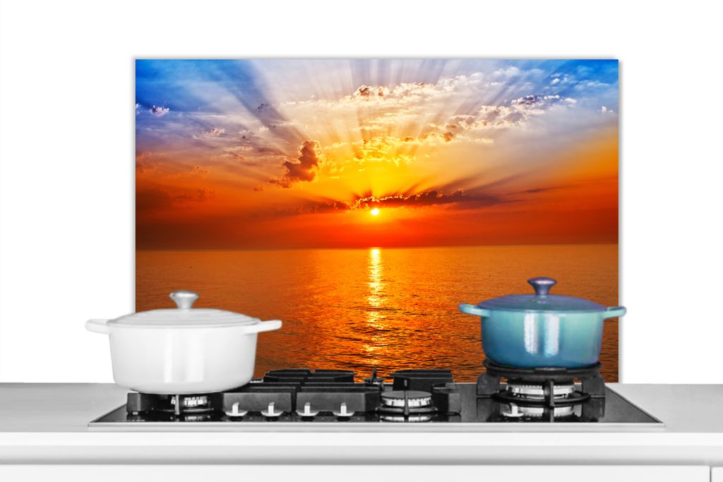 KitchenYeah Spritzschutz Küche - Küchenrückwand - Wandschutz für Herd und Spüle - Sonnenuntergang - Meer - Himmel - Orange - Horizont - Wass...