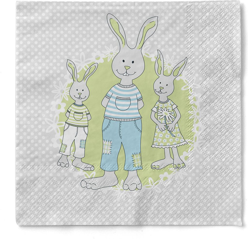 Sovie HORECA Serviette Familie Bommel in Grün-Grau aus Tissue 33 x 33 cm, 3-lagig, 100 Stück - Osterhase Osterdeko Osterserviette