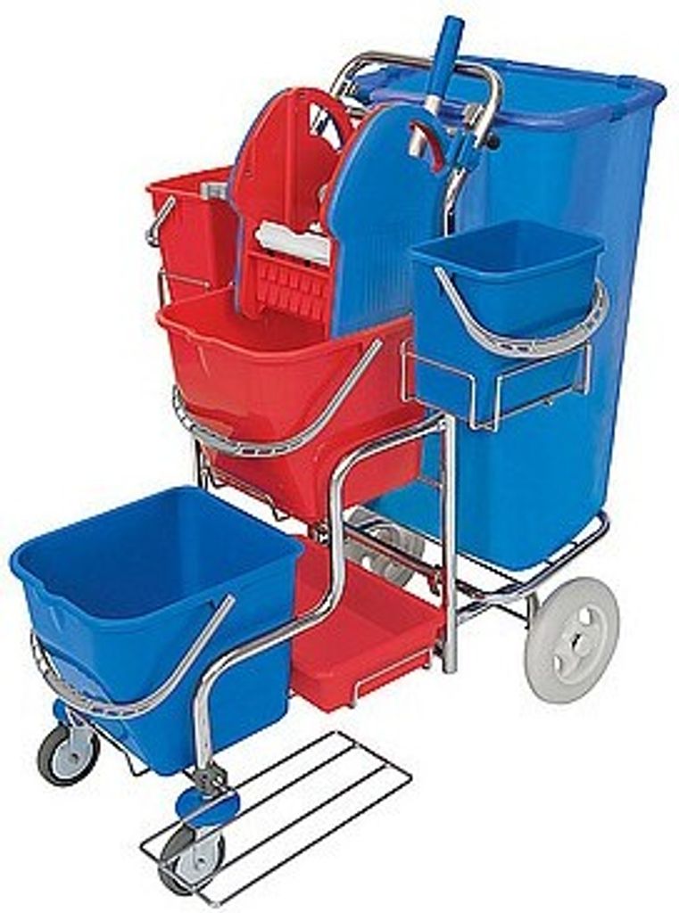 Splast verchromter Wagen mit Beutelhalter 120l, Moppresse, Tablett und 4 Eimern
