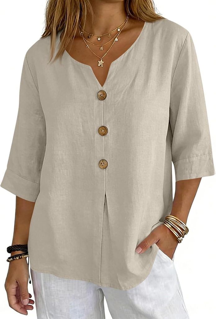 ASKSA Musselin Bluse Damen 3/4 aermel Sommerbluse Oversized Elegant V-Ausschnitt Tshirts Hawaii Hemd Leichte Kurzarm Bluse Top (Beige,XXL)