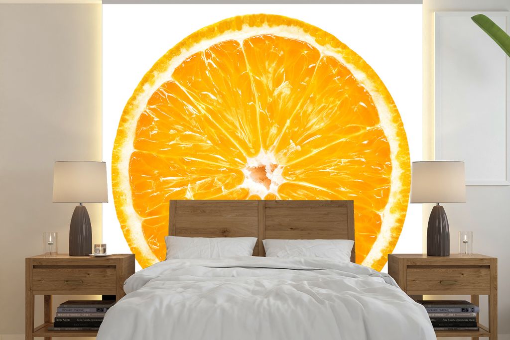 MuchoWow Fototapete für Wohnzimmer oder Schlafzimmer Wandtapete Vinyl Motivtapete Orange - Obst - Weiß - 260x260 cm - Papiertapeten
