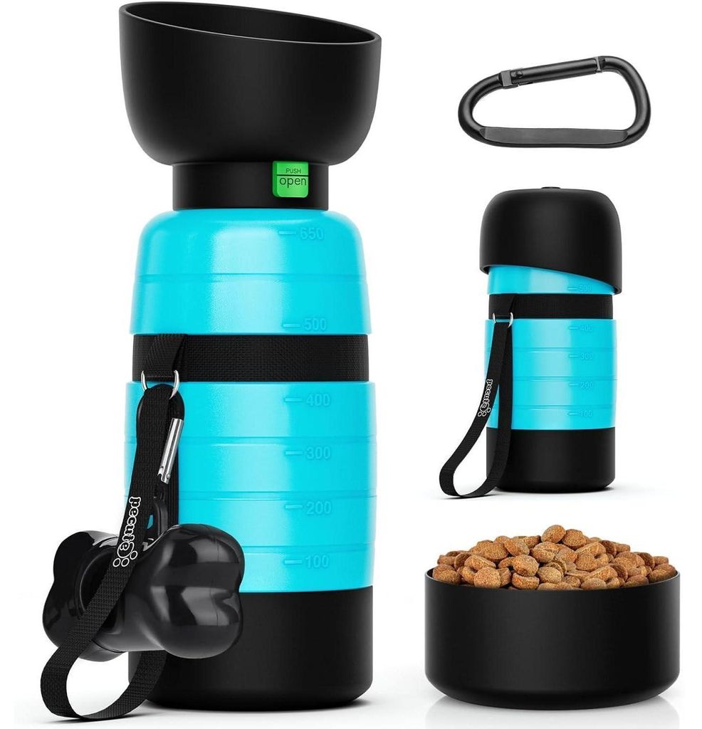 Draagbare waterfles voor honden met voerbak en houder voor Productafbeelding 
