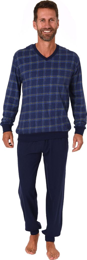 Herren Schlafanzug langarm Pyjama mit Bündchen und karierten Oberteil - 122 101 90 445 ; blau-melange , 58