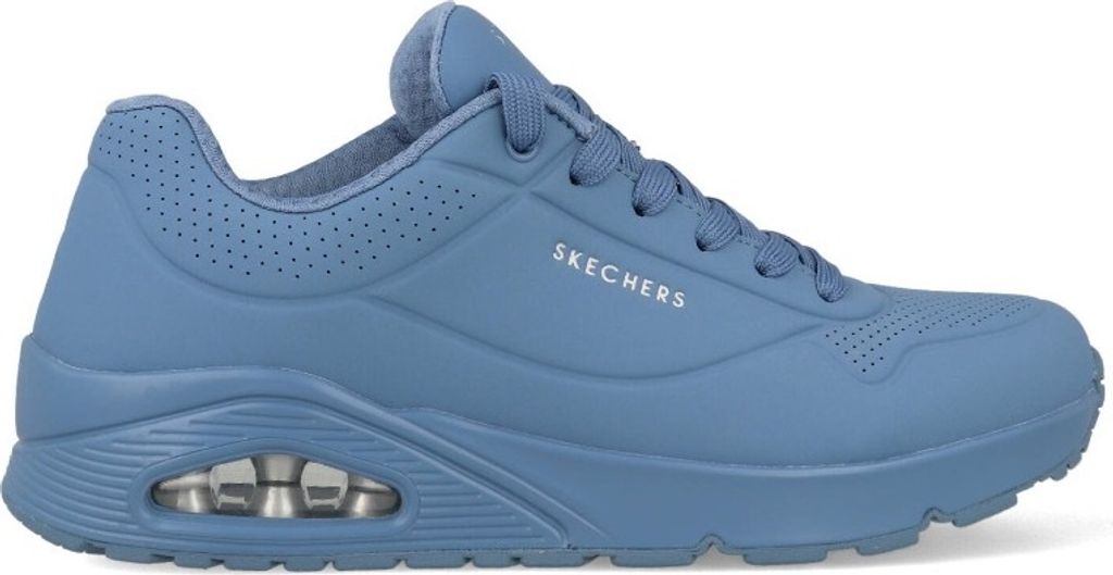 A side view of a blue Skechers sneaker.