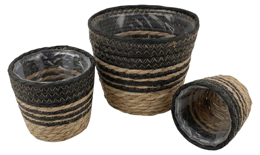 Übertopf Seegras Korb, Boho Pflanztopf Geflochten, Korbtopf Natur mit Folie, Schwarz