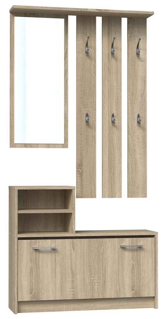 A hallway furniture set including a mirror, coat rack, and shoe cabinet.