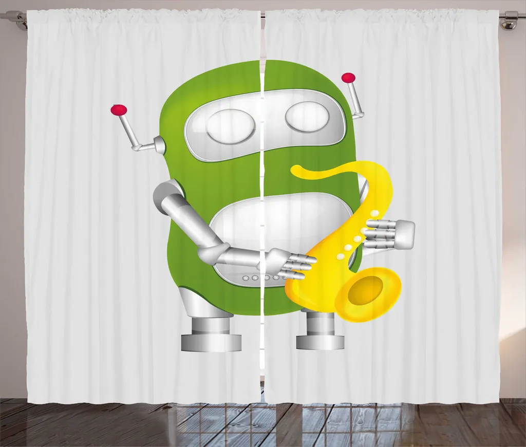 Rideau occultant léger robot saxophone en tissu rustique vert et jaune