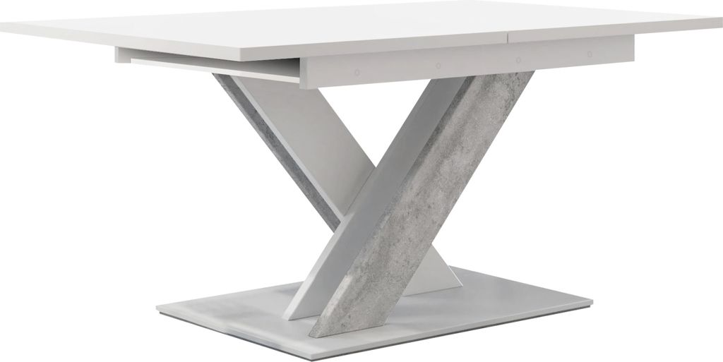 A white and gray extendable dining table with a modern design.