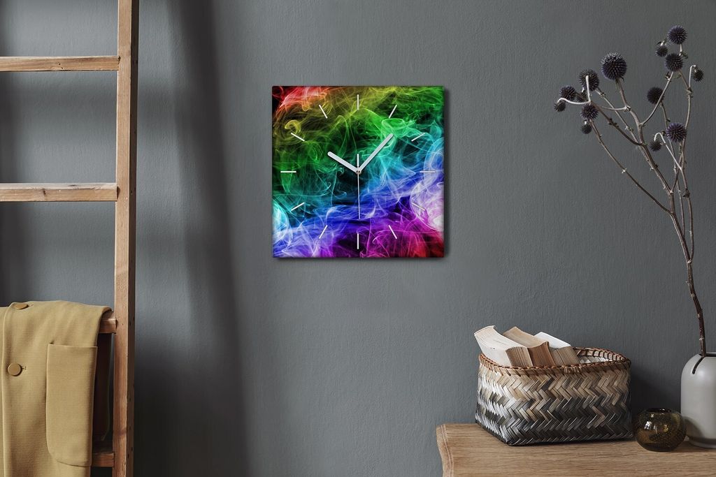 Coloray Hodiny Unikátní 30x30 cm Tiché hodiny Pro obývací pokoj a kuchyň Nástěnné hodiny Plátno Bílé ručičky hodin - Barevný kouř
