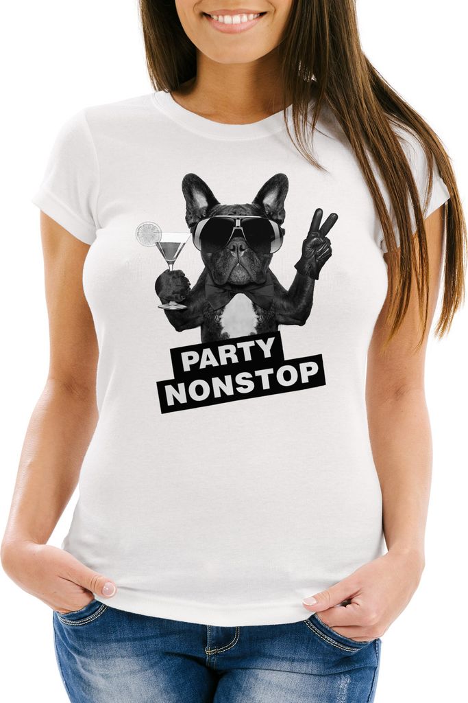 Damen T-Shirt Party Nonstop Mops French Bulldog Slim Fit Neverless weiß M