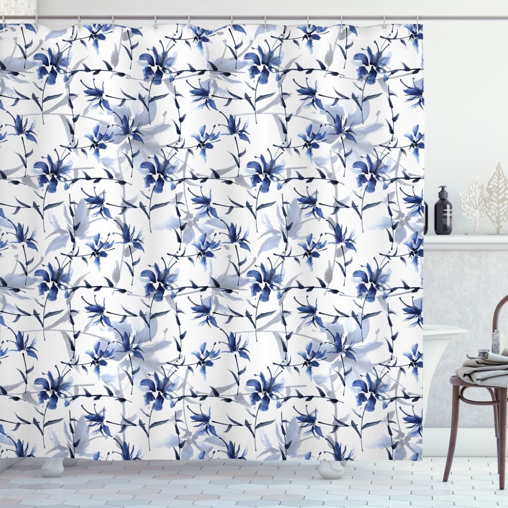 ABAKUHAUS Japanisch Duschvorhang, Asian Ink, Seife Bakterie Schimmel und Wasser Resistent inkl. 12 Haken und Farbfest, 175 x 220 cm, Blau