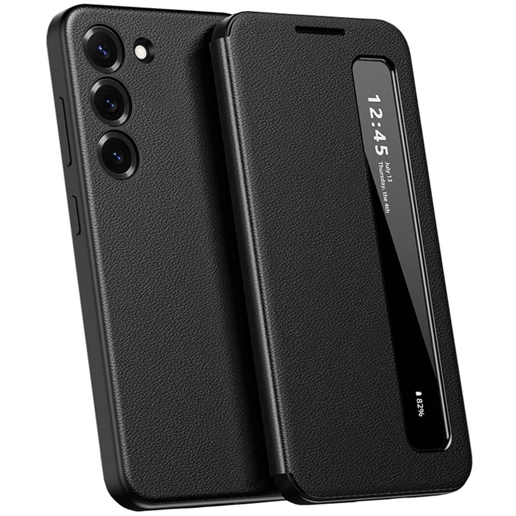 Kunstleder Hülle für Samsung Galaxy S23+, Intelligentes Handyhülle mit Smart Side Window Schwarz
