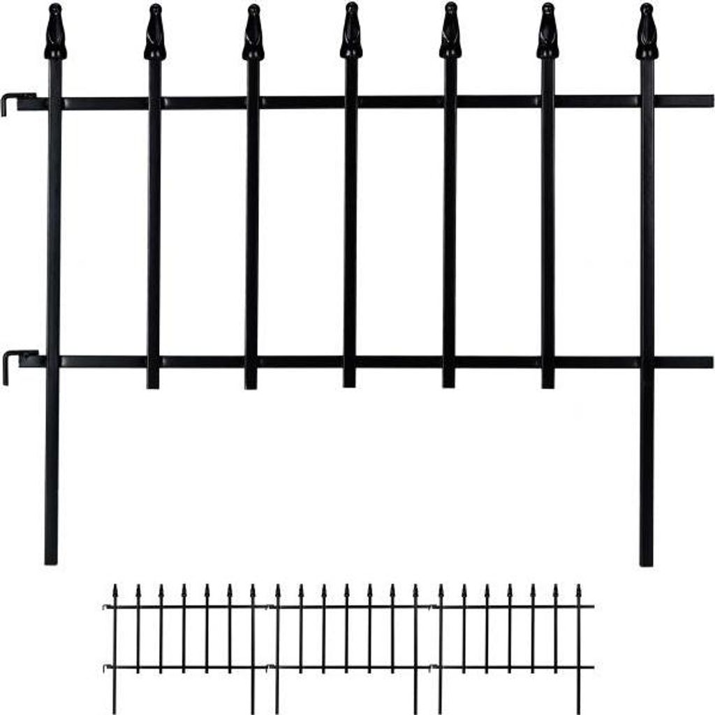 Gartenzaun Set 4 Zaunelemente aus Metall, Schwarz, mit Erdspießen, schlichtes Design