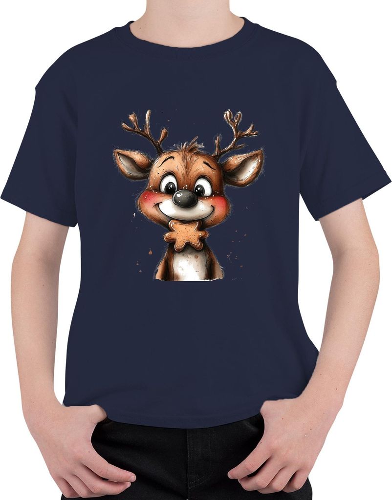 Rentier Lebkuchen Weihnachten Geschenk Kinder Niedlich Retro Uni Kinder T-Shirt, Navy, 152