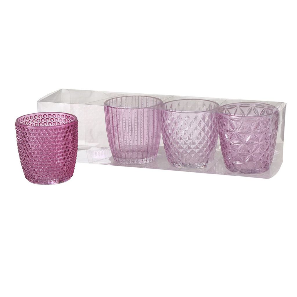 4tlg. Windlicht MARILU pink rosa Muster geriffelt aus Glas (4 Motive)