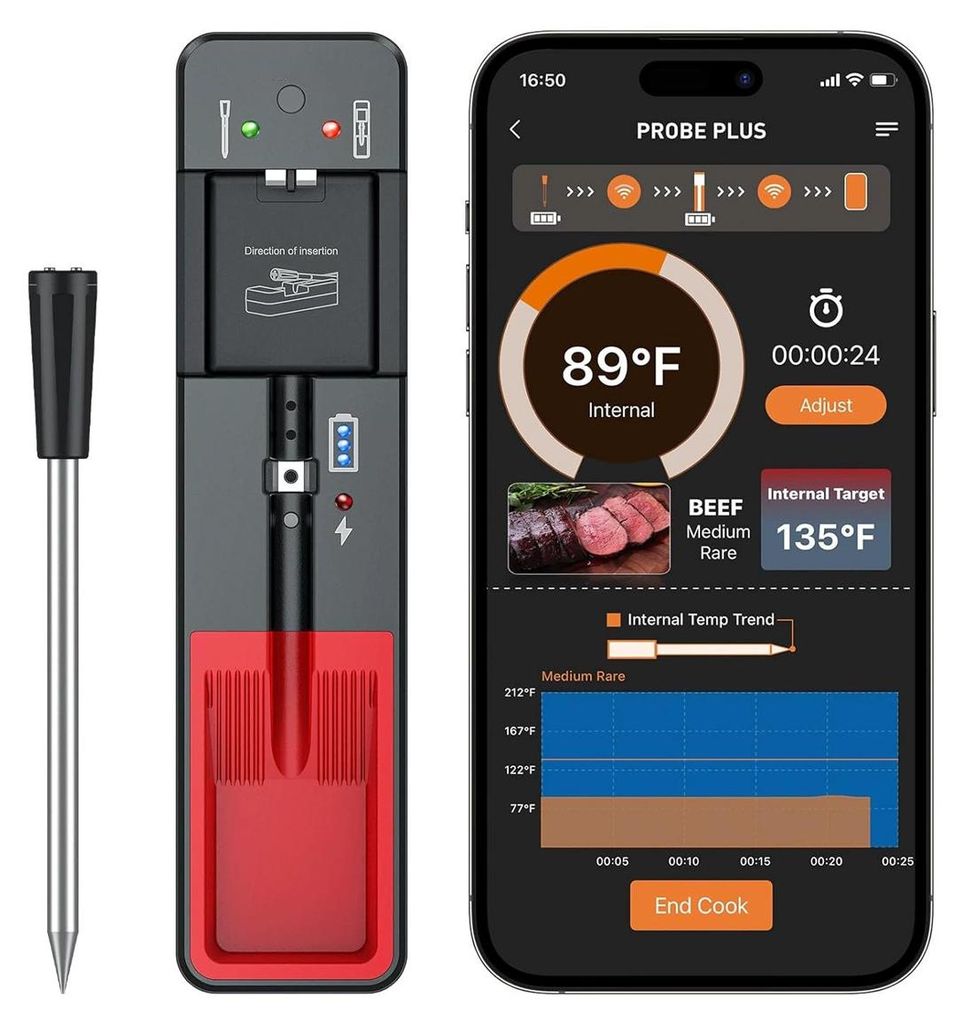 Digitales BBQ Thermometer kabellos, 1 Sensoren, App gesteuert, 0,5s Messung, IP67 wasserdicht für Grill, Ofen, Smoker, Airfryer