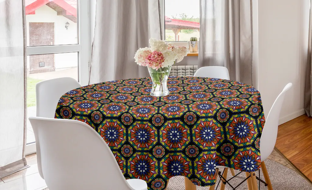 ABAKUHAUS Tovaglia rotonda Orange Mandala, motivo vetro colorato, tovaglia circolare per sala da pranzo, decorazione cucina, 150 cm, multicolore