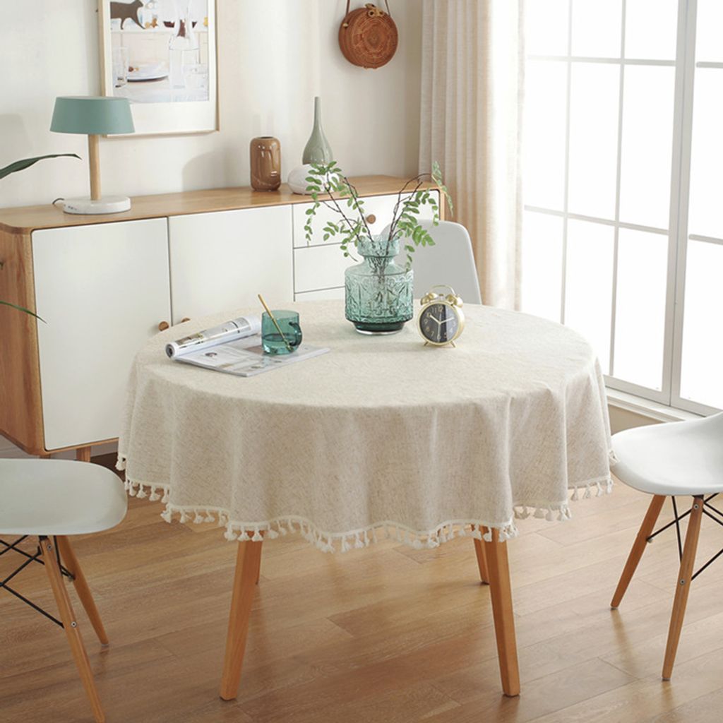 Runde Tischdecke aus waschbarem Leinen, knitterfrei, staubabweisend mit Quasten für Küche, Esszimmer, Esstisch, Couchtisch, Gartentisch