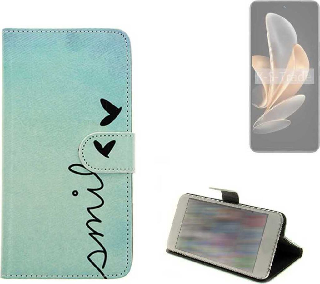 K-S-Trade Schutz Hülle Handy Hülle kompatibel mit Vivo V30 Lite 4G Hülle Handyhülle cover bookstyle Etui Handyhülle “smile“ türkis
