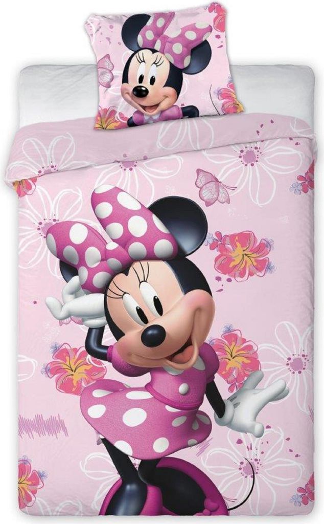 A pink Minnie Mouse themed duvet cover and pillowcase set.