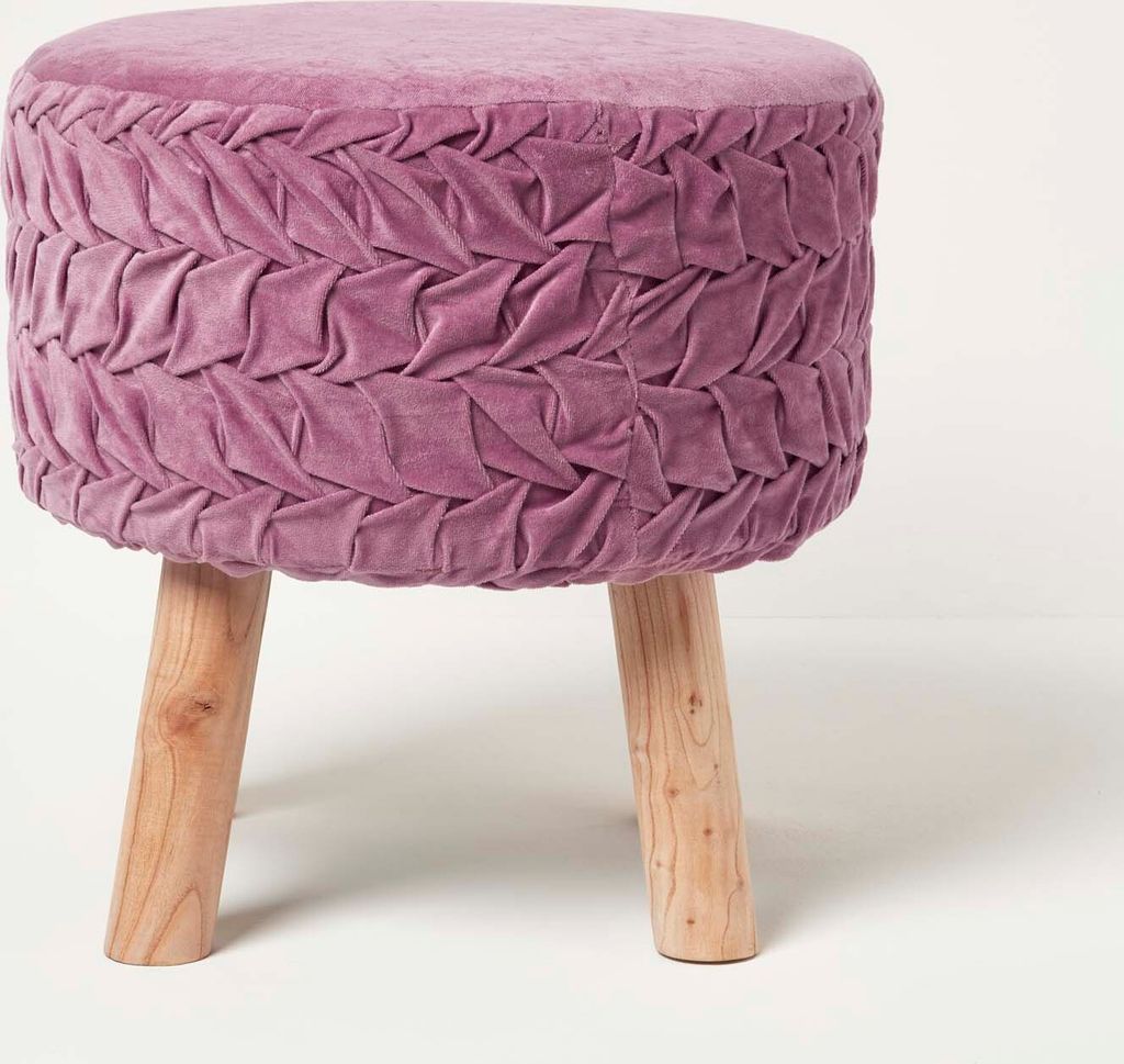 HOMESCAPES Plissee-Samthocker Lyla rund mit Holzbeinen – mauve, 40 cm hoch