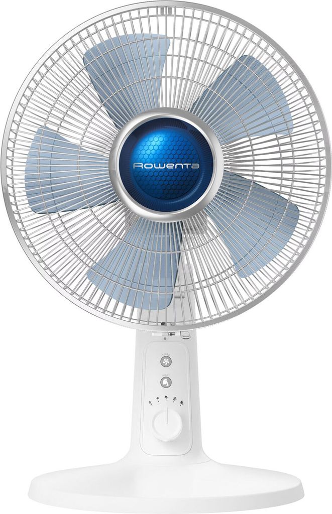 A white desk fan with a blue center and silver blades, set against a white background.