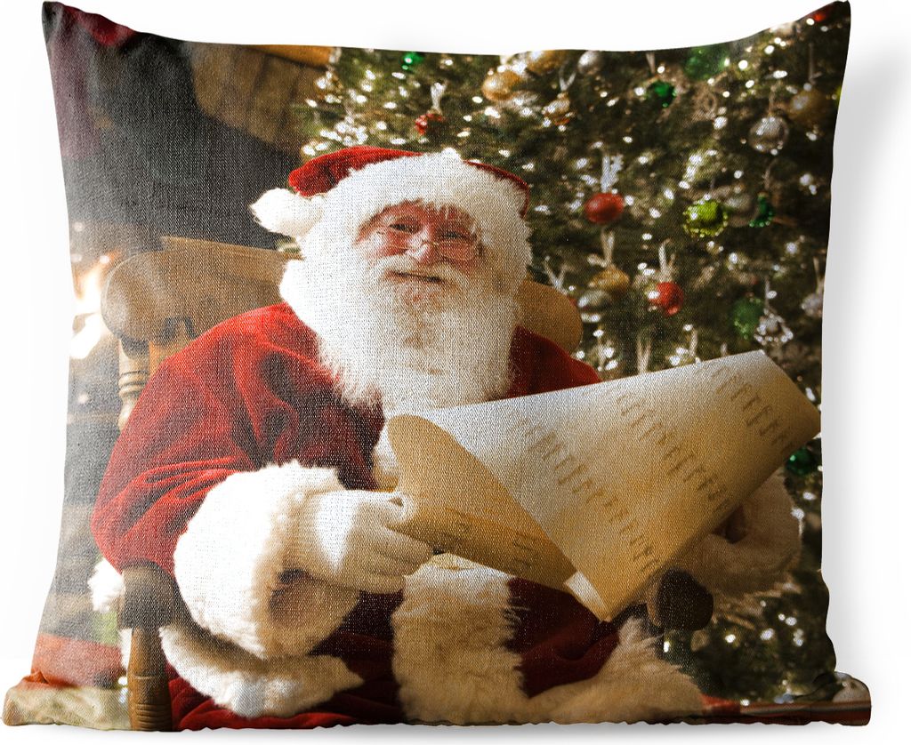 MuchoWow Outdoor Kissen - Der Weihnachtsmann prüft seine Liste - 50x50 cm - Wetterfest - Lounge Kissen - Komfortabel - Kissen mit Bild