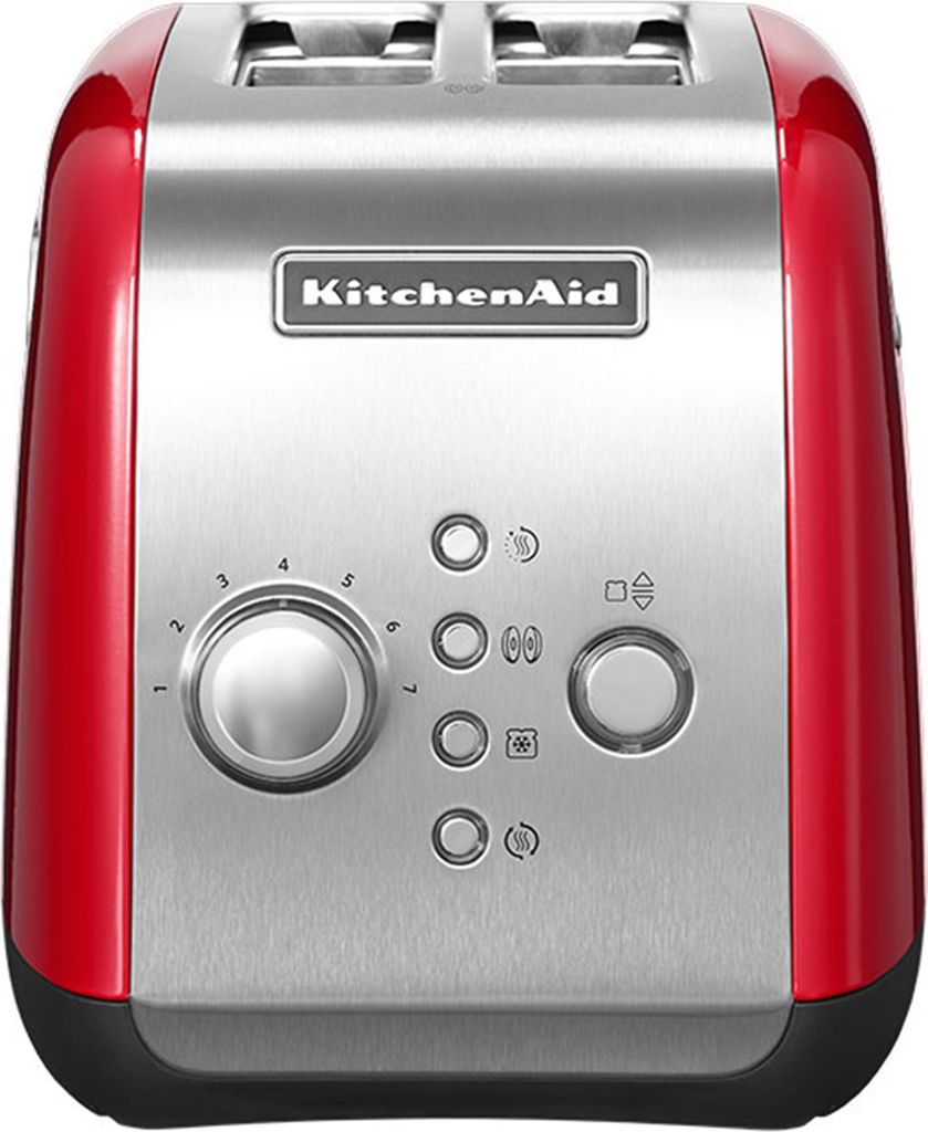 A front view of a red and stainless steel KitchenAid toaster on a white background.