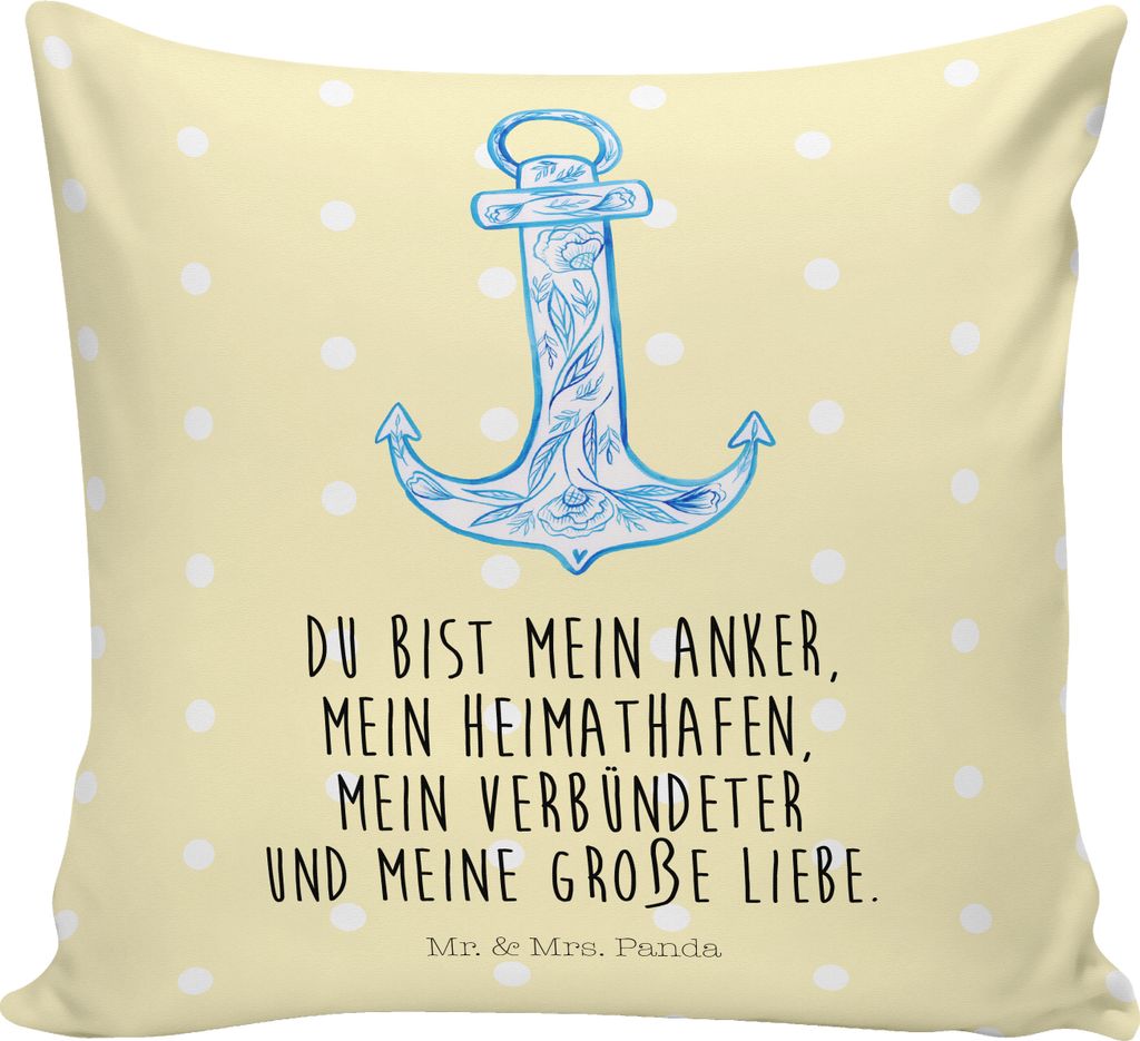 Mr. & Mrs. Panda Kissen 40x40 Anker Blau - Gelb Pastell - Geschenk, Polster, kuschelkissen, Gute Laune, Dekokissen, für sofa, Kuschel