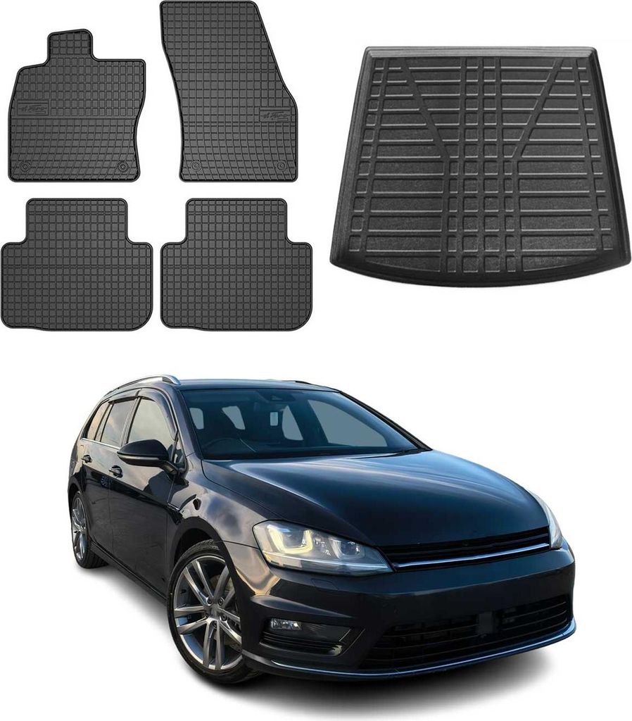 Fußmatten & Kofferraumwanne Set für Golf mk7 Variant 2013-2020 Gummi Schwarz 5x