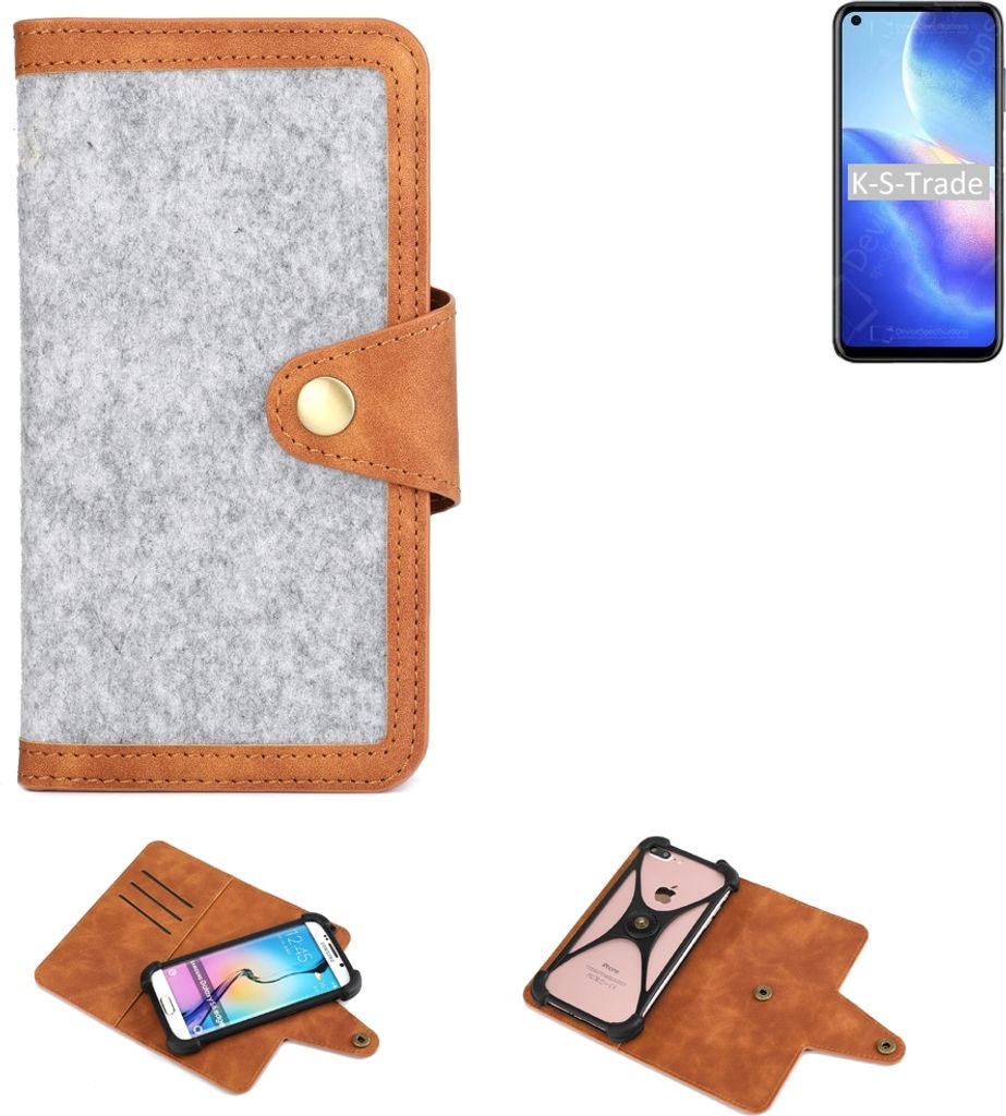 K-S-Trade Handyhülle kompatibel mit Blackview A90 Schutzhülle Filz-Hülle Kunst-Leder hellgrau braun (1x)