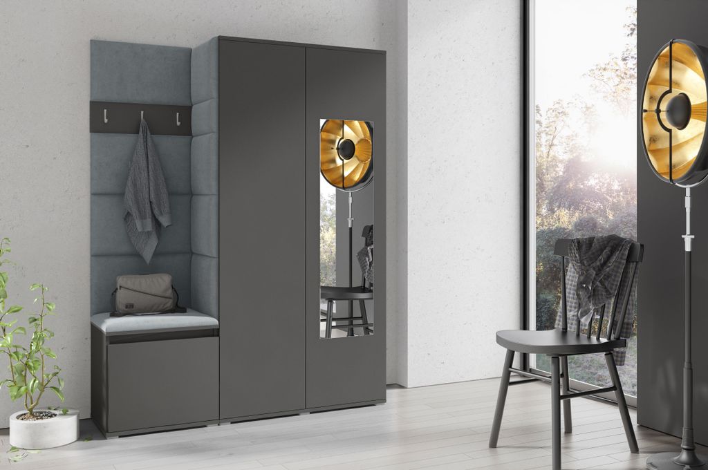 Garderoben-Set "Harry", Moderner Kleiderschrank mit Polsterplatten und Schuhschrank – Ideal für Flur und Eingangsbereich (Graphit, Trinity 14)