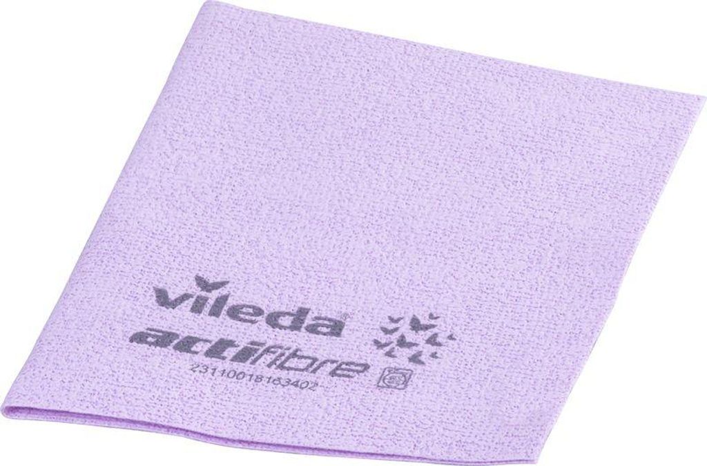 A folded purple microfiber cloth with branding.