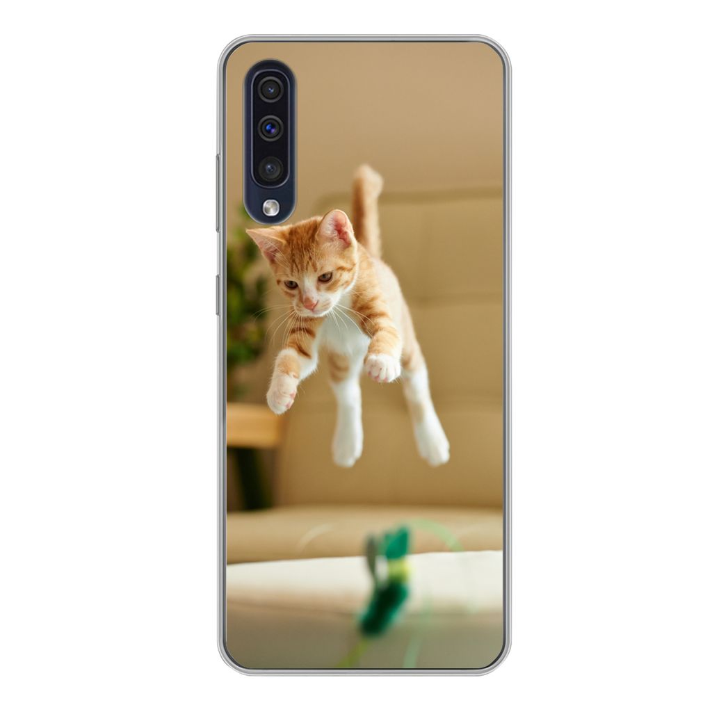 MuchoWow Handyhülle Schutzhülle Hülle für Samsung Galaxy A50 Katze - Springen - Spielzeug Silikon Softcase Handy Hülle - Mobiltelefonhülle