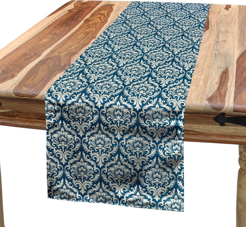 ABAKUHAUS Damast Tischläufer, Ornamental Damast Muster Viktorianischen Stil Barock Bio Motive Schablone Kunst, 40 x 300 cm, Blau Weiss
