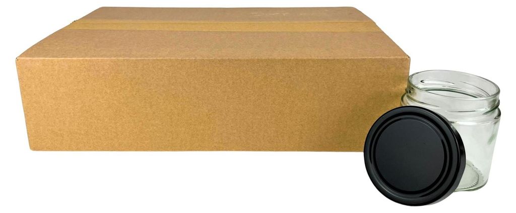 A cardboard box and a glass jar with a black lid are shown against a white background.